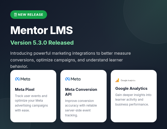 Mentor LMS Meta pixel with conversion API and Google analytics
